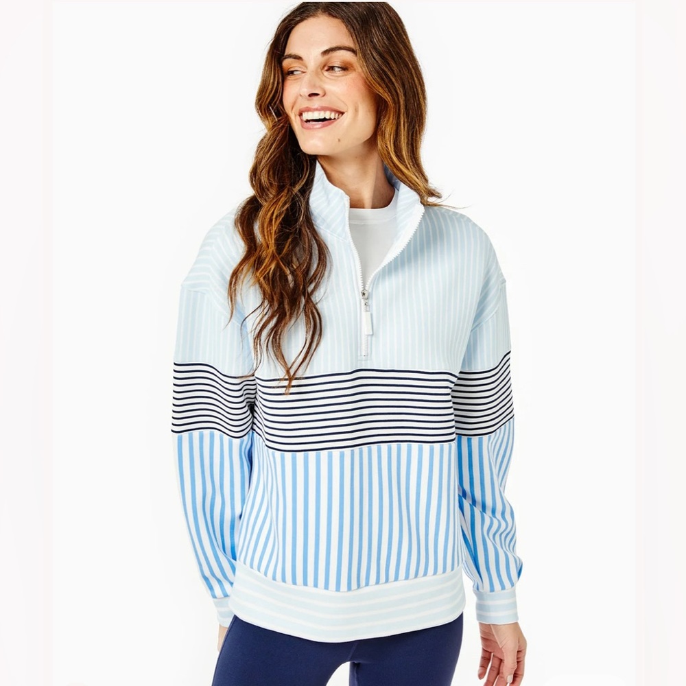 Addison Bay Varsity Quarter Zip. Multi Blue Stripe.